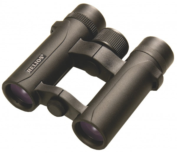 Black binoculars with purple lenses on a white background