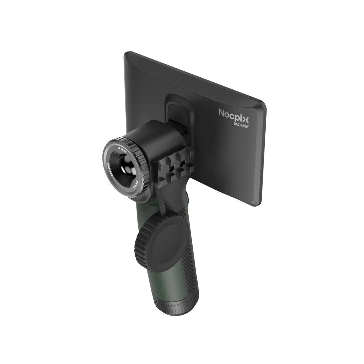 A Nocpix handheld camera with a dark green body, a black rectangular backplate, and a silver ring around the lens, shown against a solid white background.