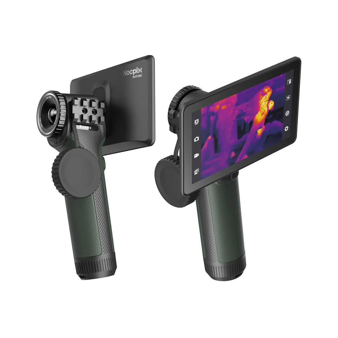 Two handheld thermal camera devices shown on a plain white background, one facing left with the lens visible and the other facing right with the screen turned on and displaying a thermal view.