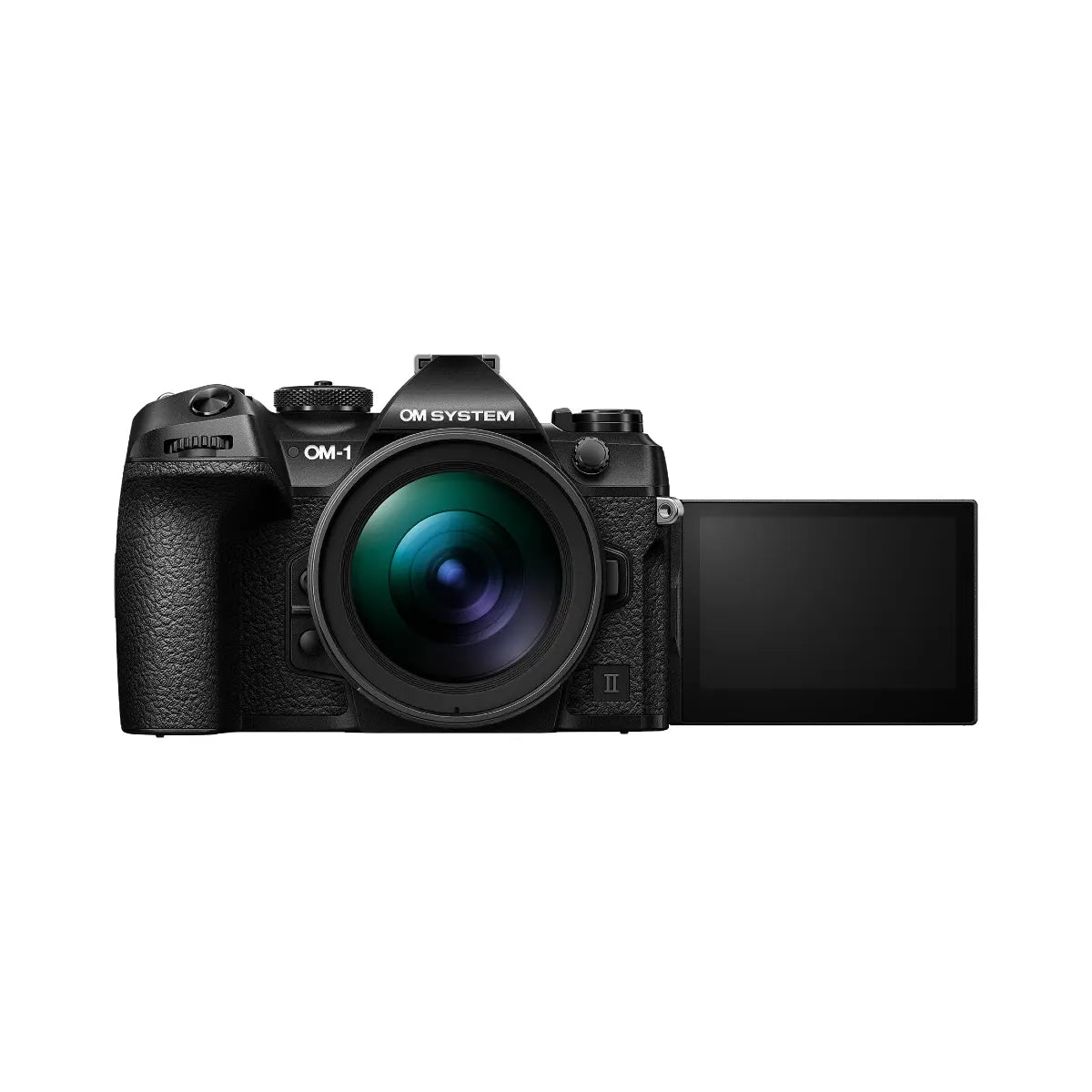 OM SYSTEM OM-1 Mark II Mirrorless Camera & 12-40mm f2.8 II lens front with screen rotated