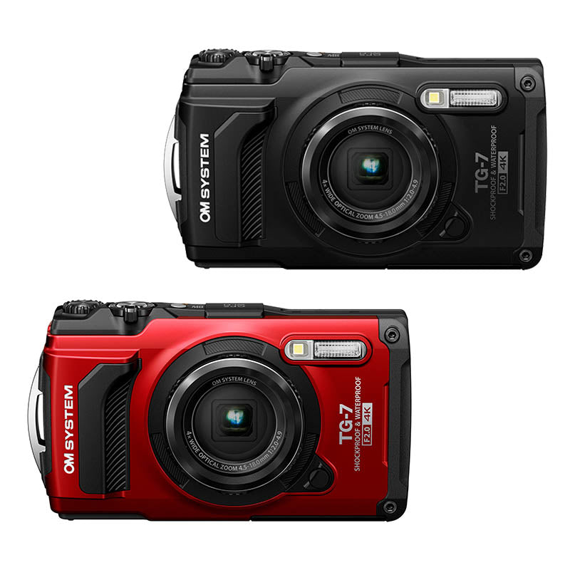 Product photo so the OM-System-TG-7 in both black and red