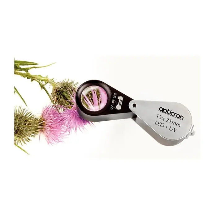 Opticron LED & UV Folding Metal Loupes 15x 21mm (0.8") side with product in use
