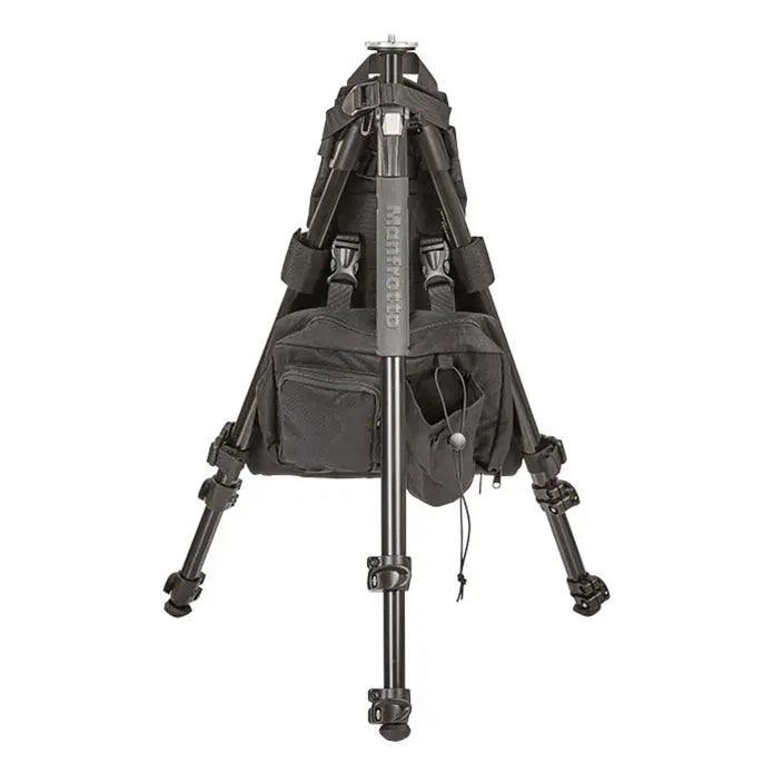 Black camera tripod with carrying bag on a white background