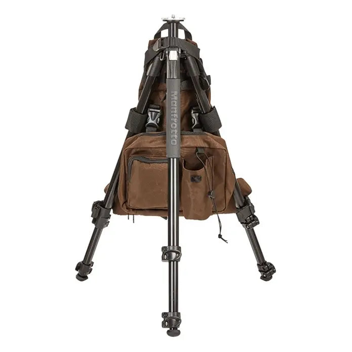 Brown backpack with a tripod attached on a white background
