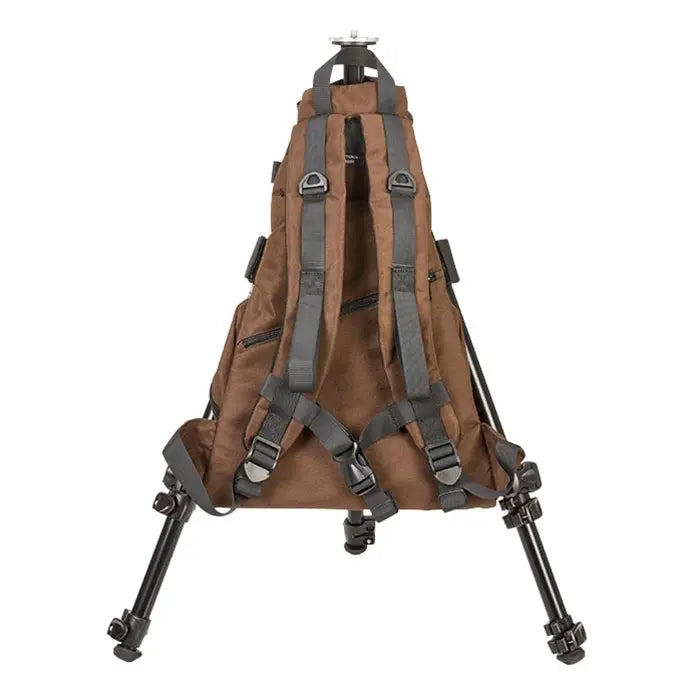 Brown backpack with black legs on a white background