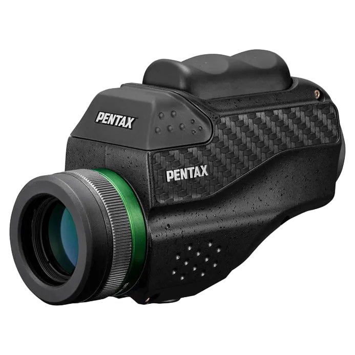 Pentax rangefinder with a black textured body, green accent ring, and large objective lens, shown on a light gray background.