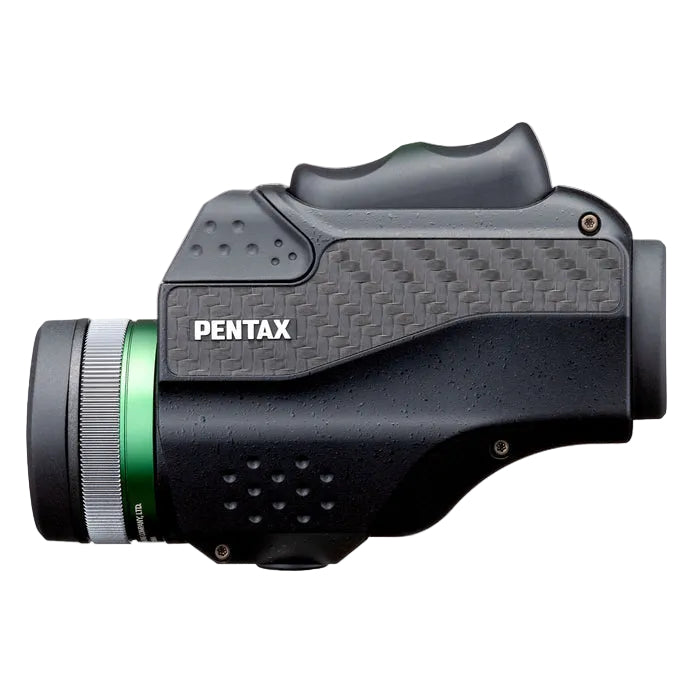 Pentax black rangefinder with a textured grip, green accent ring, and silver lens focus ring, shown against a light gray background.