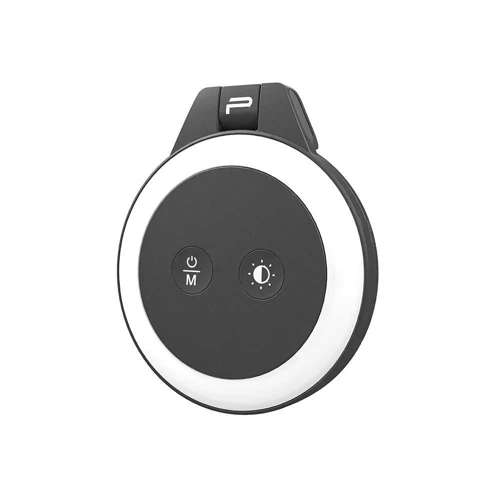 Black and white circular device with control buttons on a white background