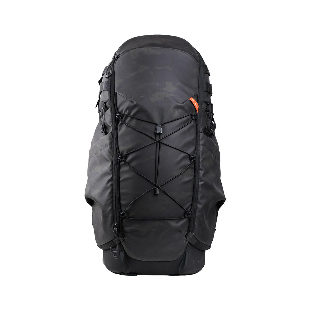 Black backpack with orange tag on a white background