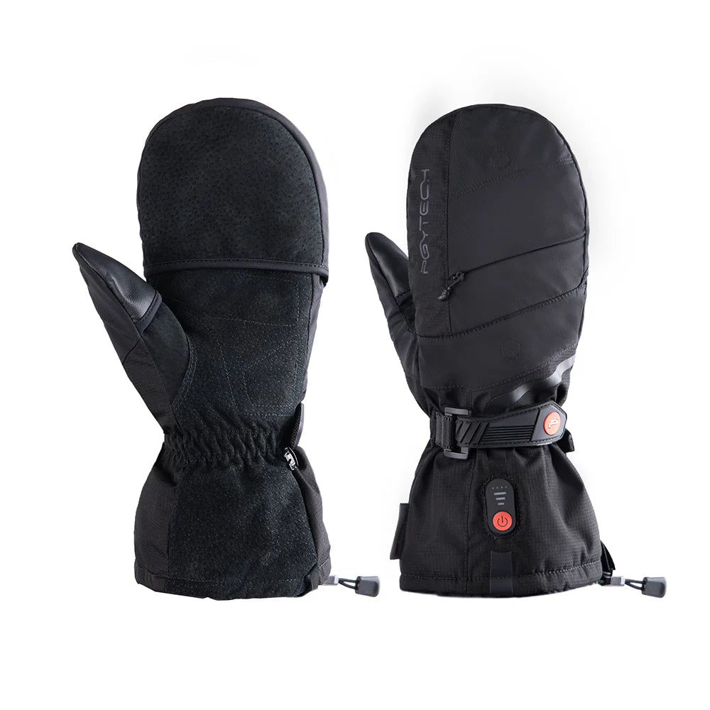 Pair of black heated gloves with a visible brand logo on a white background