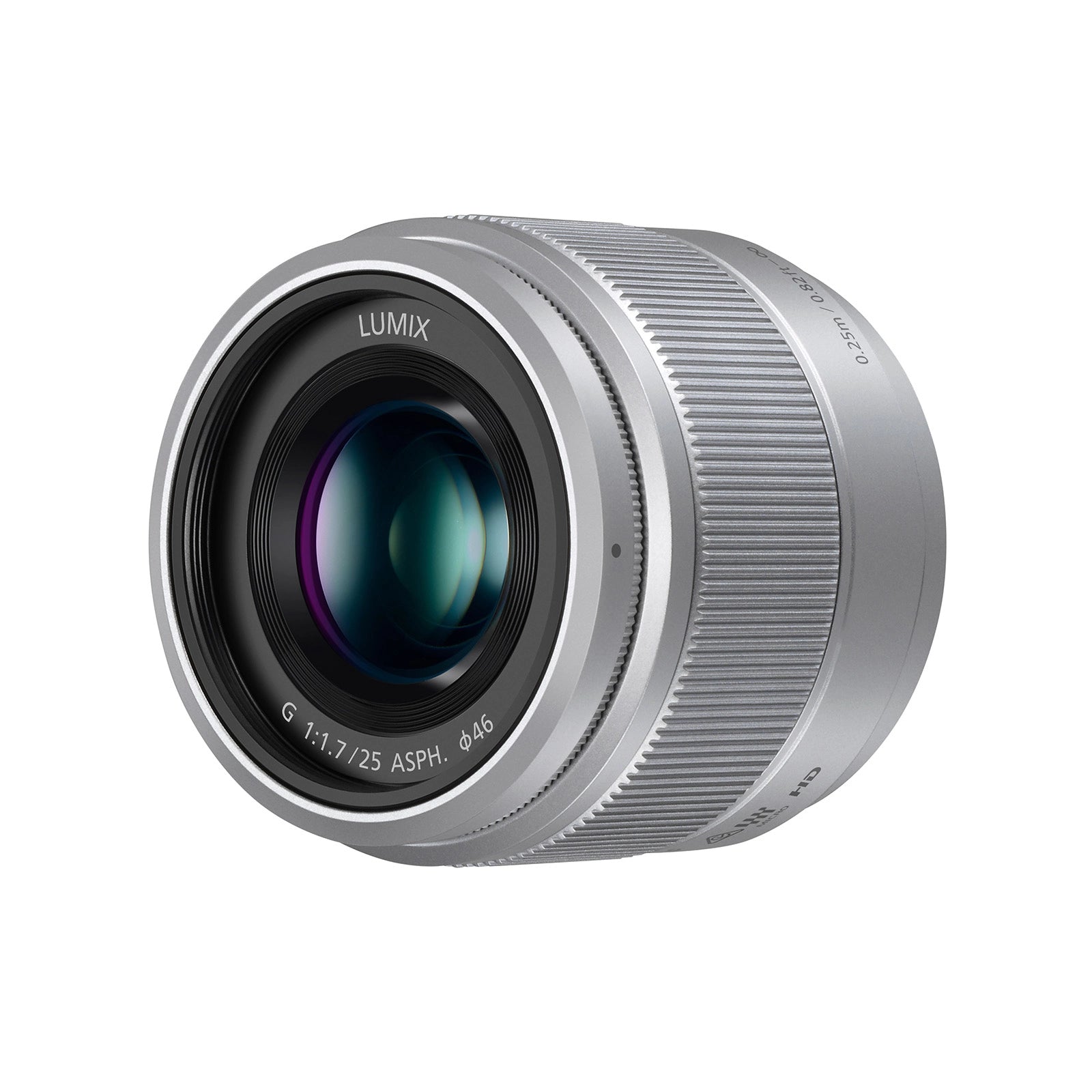 Panasonic LUMIX G 25mm f1.7 Asph Lens Silver side angle