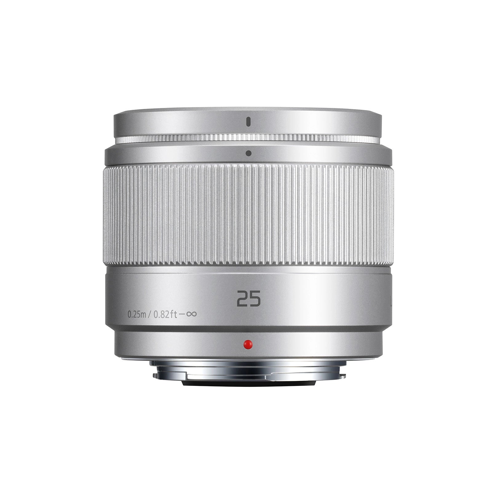 Panasonic LUMIX G 25mm f1.7 Asph Lens Silver top angle 2