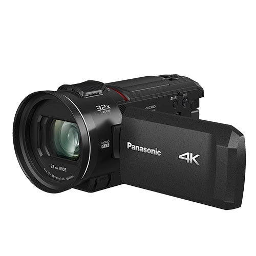 Panasonic HC-VX3E-K 4K Video Camera front side with screen opened