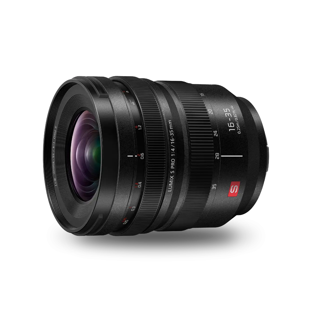 Camera lens with brand logo on a white background