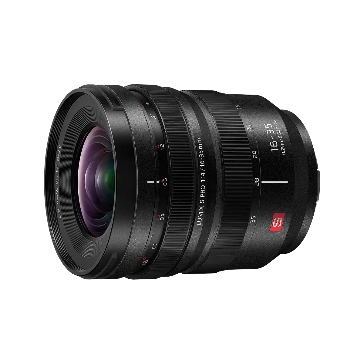 Camera lens with brand logo on a white background