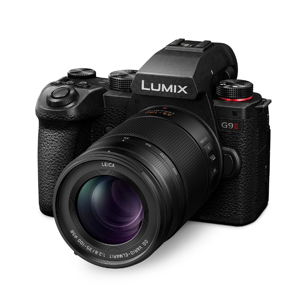 Panasonic Leica Elmarit 35-100mm f/2.8 Lens front angle on camera