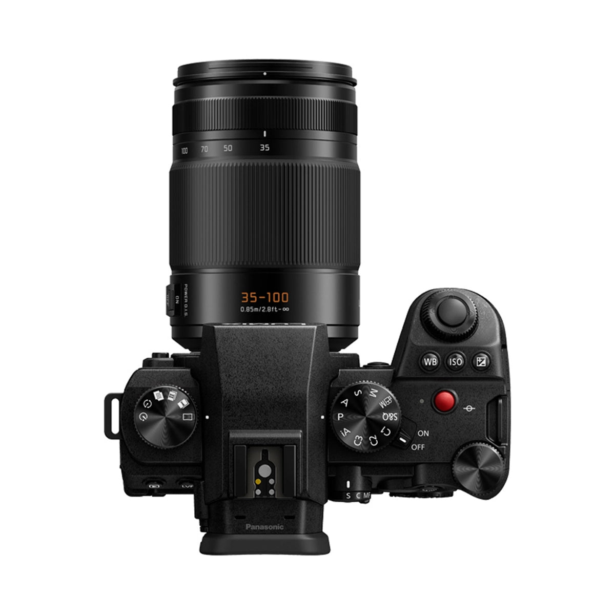 Panasonic Leica Elmarit 35-100mm f/2.8 Lens top angle on camera