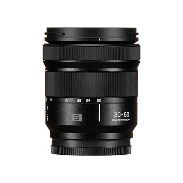 Camera lens with focus scale and brand logo on a white background
