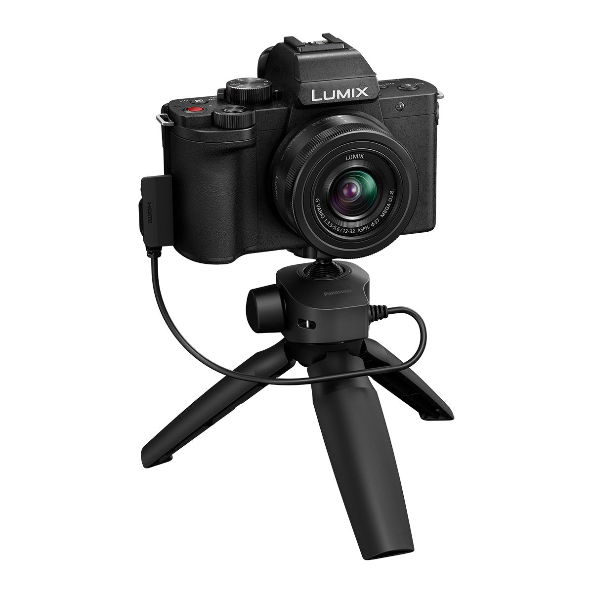 Panasonic Lumix DC-G100D Camera with 12-32mm Lens Kit with DMW-SHGR2 Tripod Grip front angle with camera on tripod