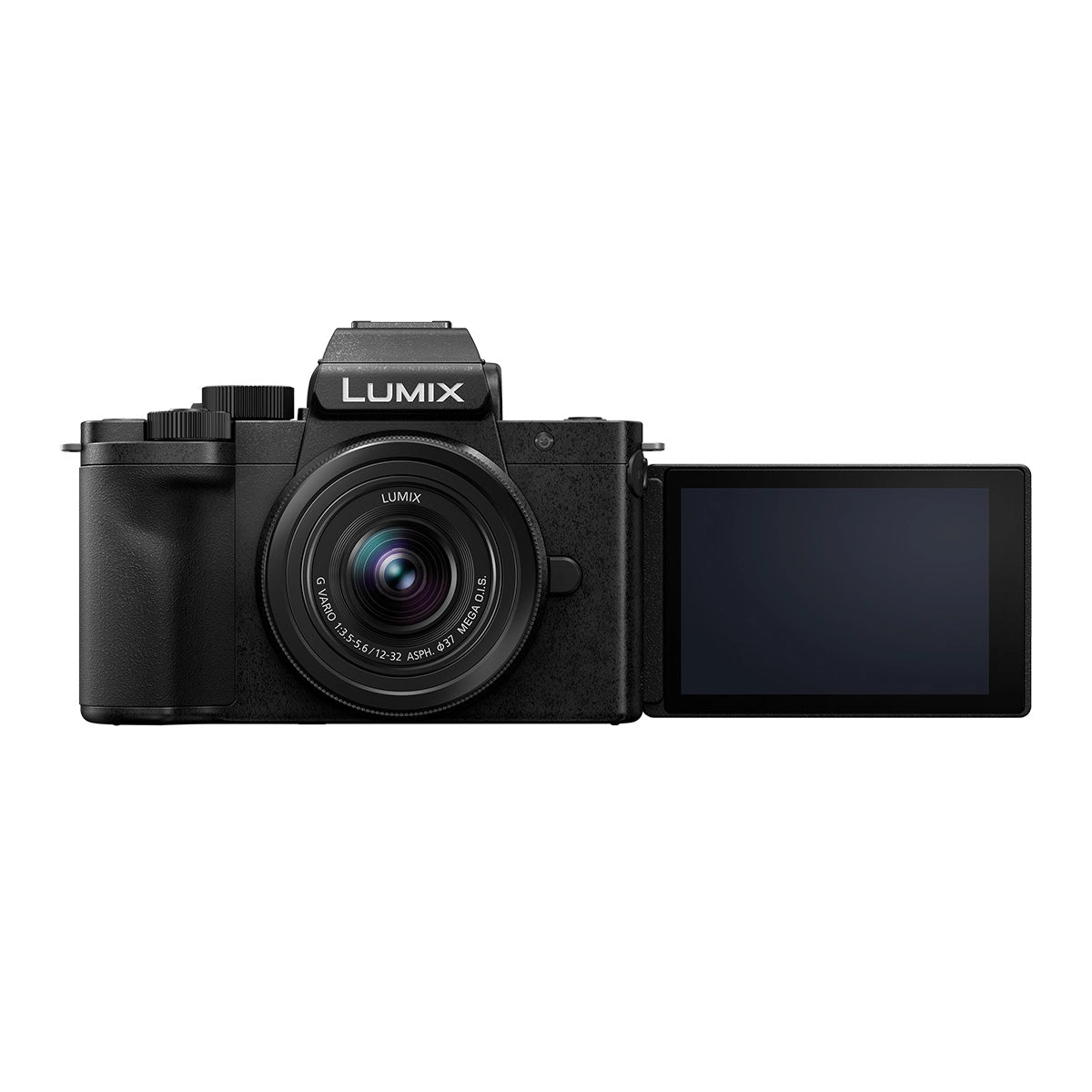 Panasonic Lumix DC-G100D Camera with 12-32mm Lens front angle with screen rotated