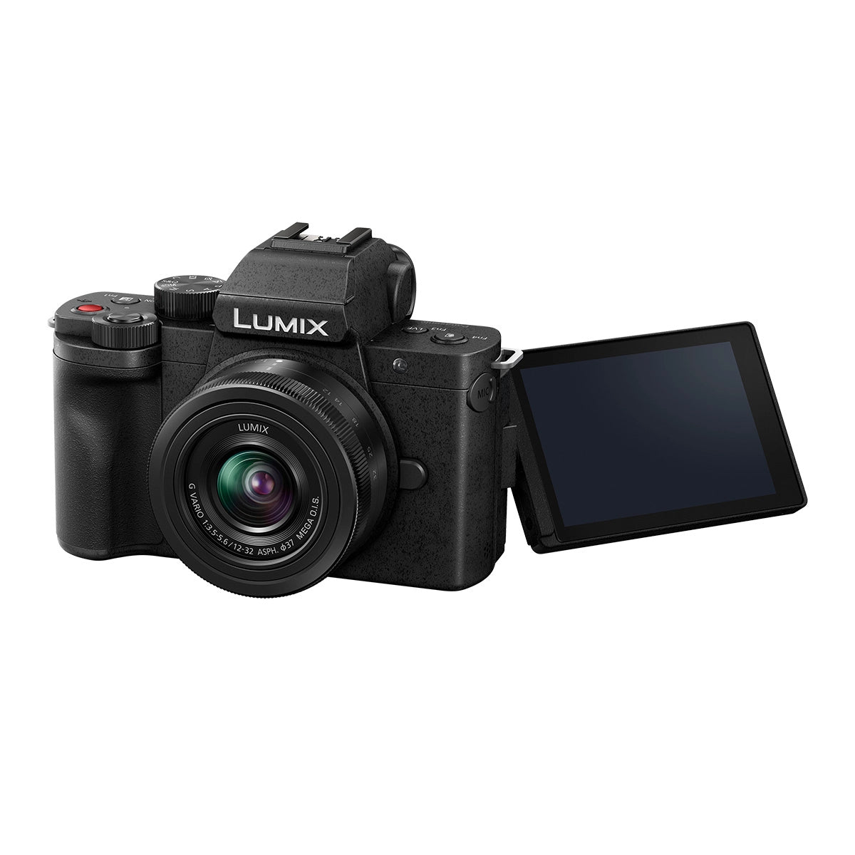 Panasonic Lumix DC-G100D Camera with 12-32mm Lens front angle with screen rotated