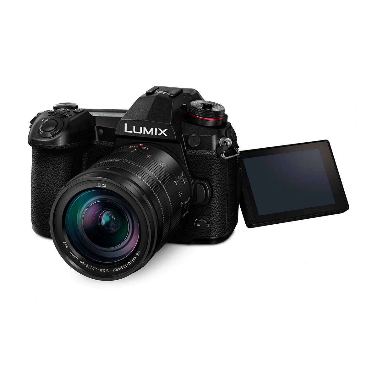 Panasonic Lumix DC-G9 Digital Camera + Leica 12-60mm Lens front angle with screen rotated