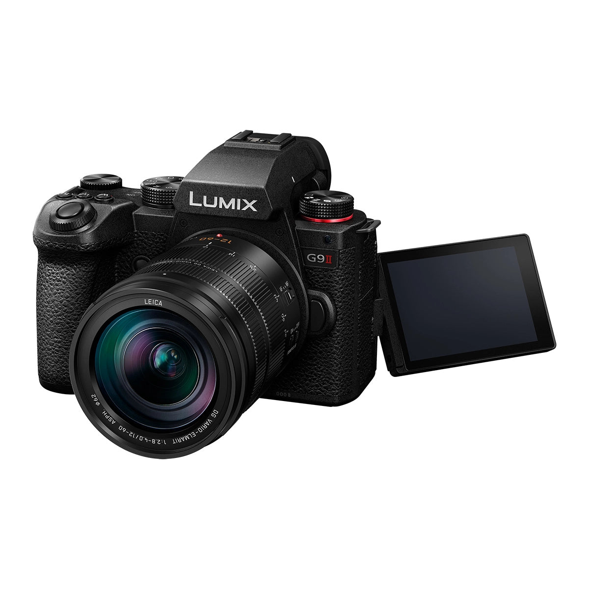 Panasonic Lumix DC-G9 II Camera + Leica 12-60mm Lens front angle with screeen rotated