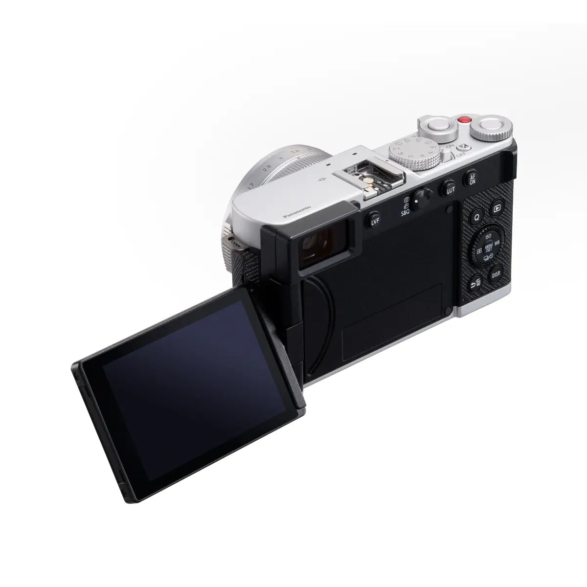 Digital camera with a swiveling screen on a white background