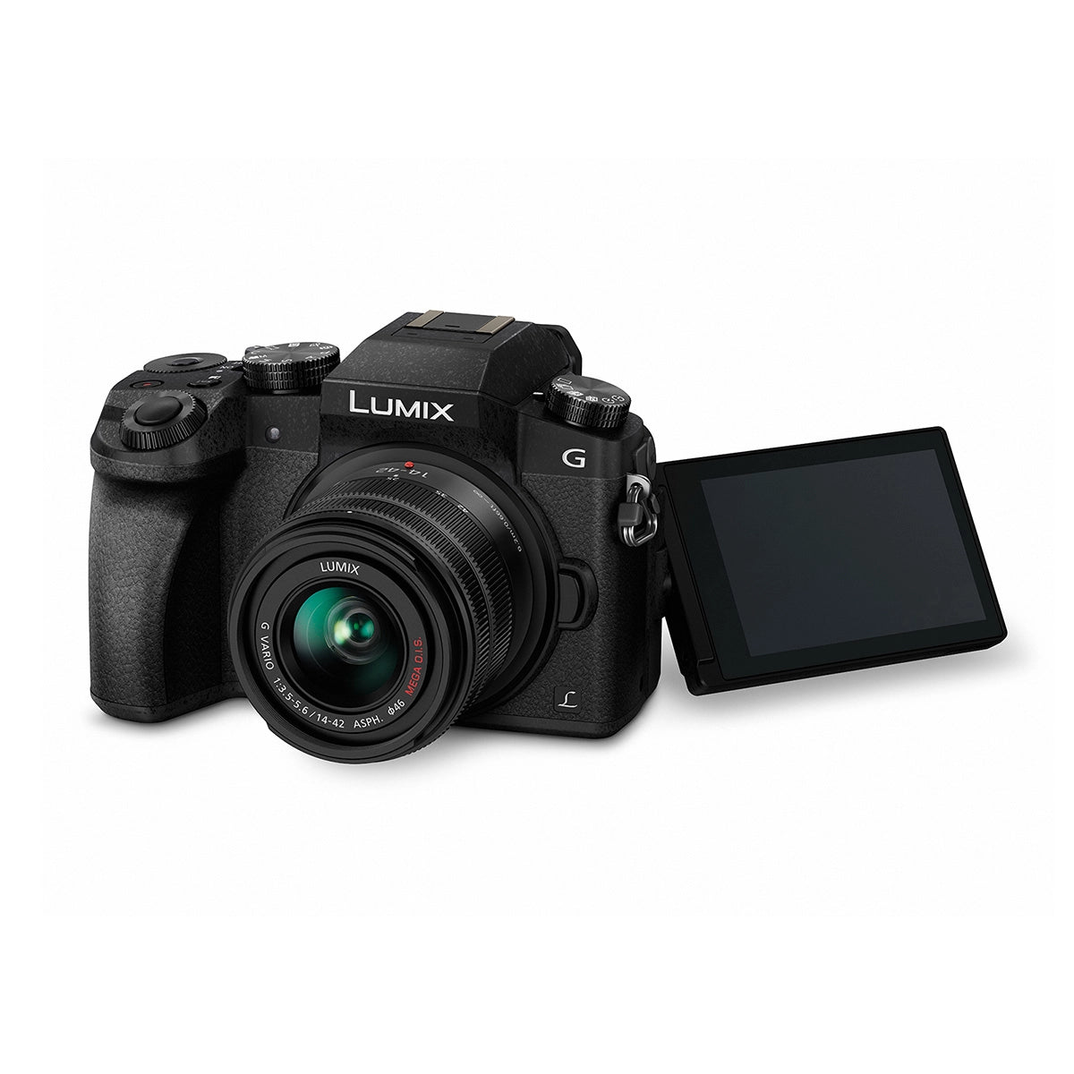 Panasonic Lumix DMC-G7K Camera with 14-42mm Lens Black front angle with screen rotated