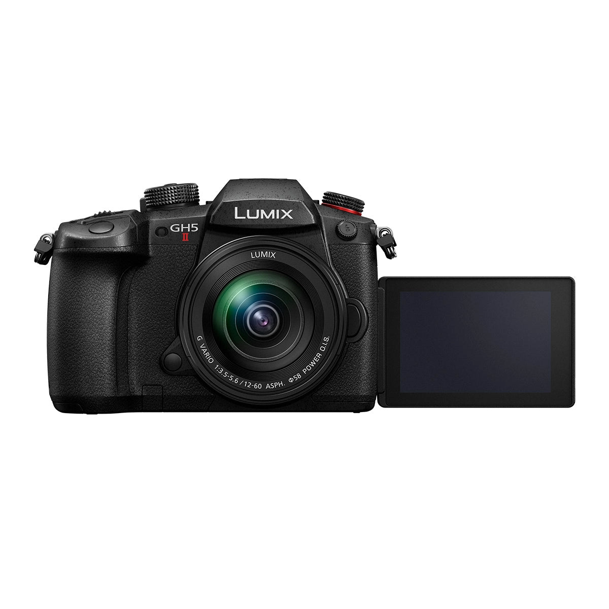 Panasonic Lumix GH5 Mark II Camera with 12-60mm F3.5-F5.6 Lens Kit front angle with screen rotated 2