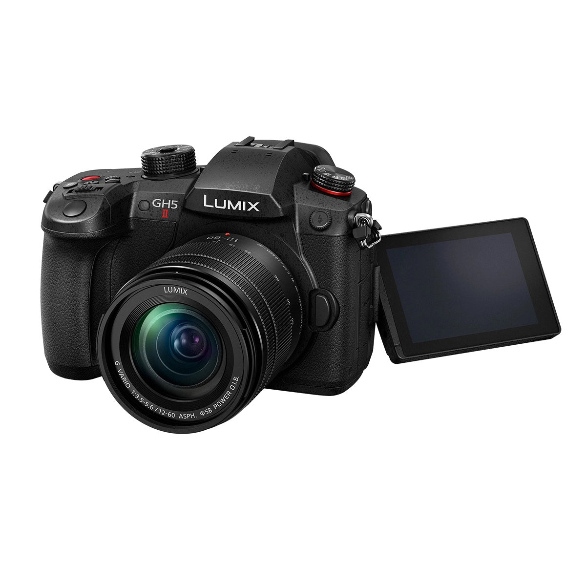 Panasonic Lumix GH5 Mark II Camera with 12-60mm F3.5-F5.6 Lens Kit front angle with screen rotated