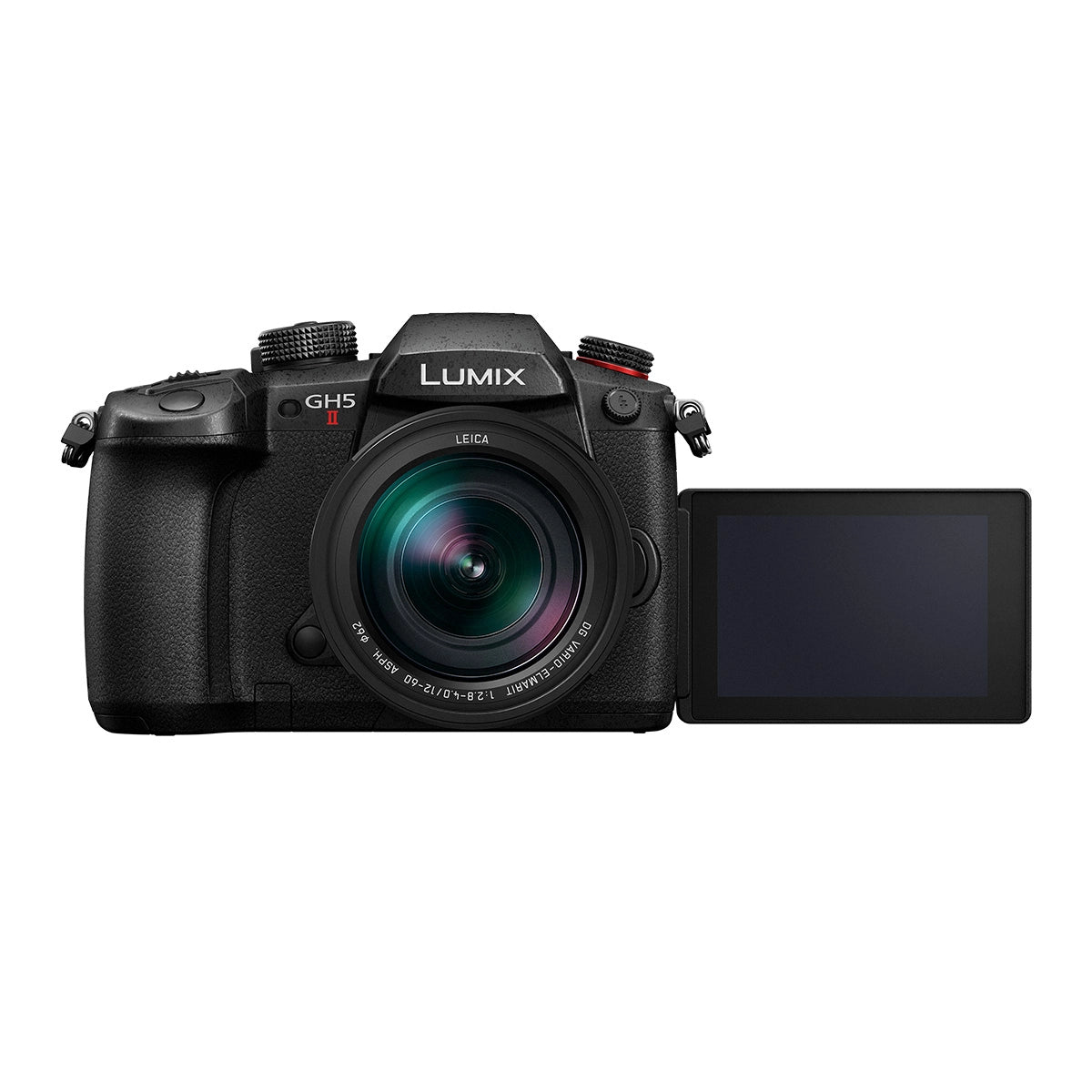 Panasonic Lumix GH5 Mark II Camera with Leica 12-60mm F3.5-F5.6 Lens Kit front angle with screen rotated