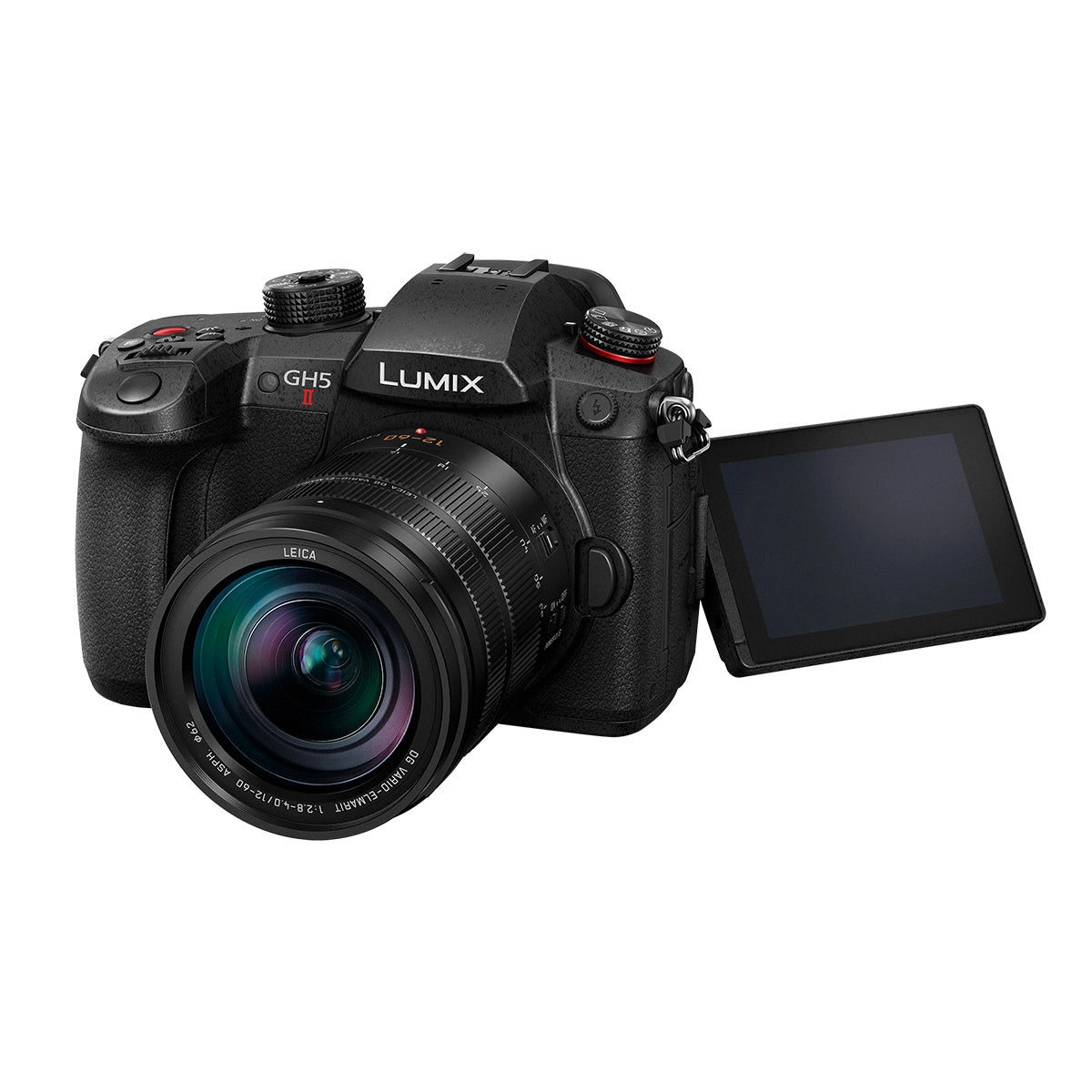 Panasonic Lumix GH5 Mark II Camera with Leica 12-60mm F3.5-F5.6 Lens Kit front angle with screen rotated