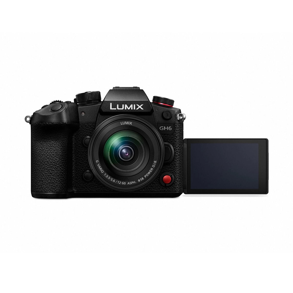 Panasonic Lumix GH6 Camera with 12-60mm f3.5-5.6 Lens Kit front angle with screen rotated