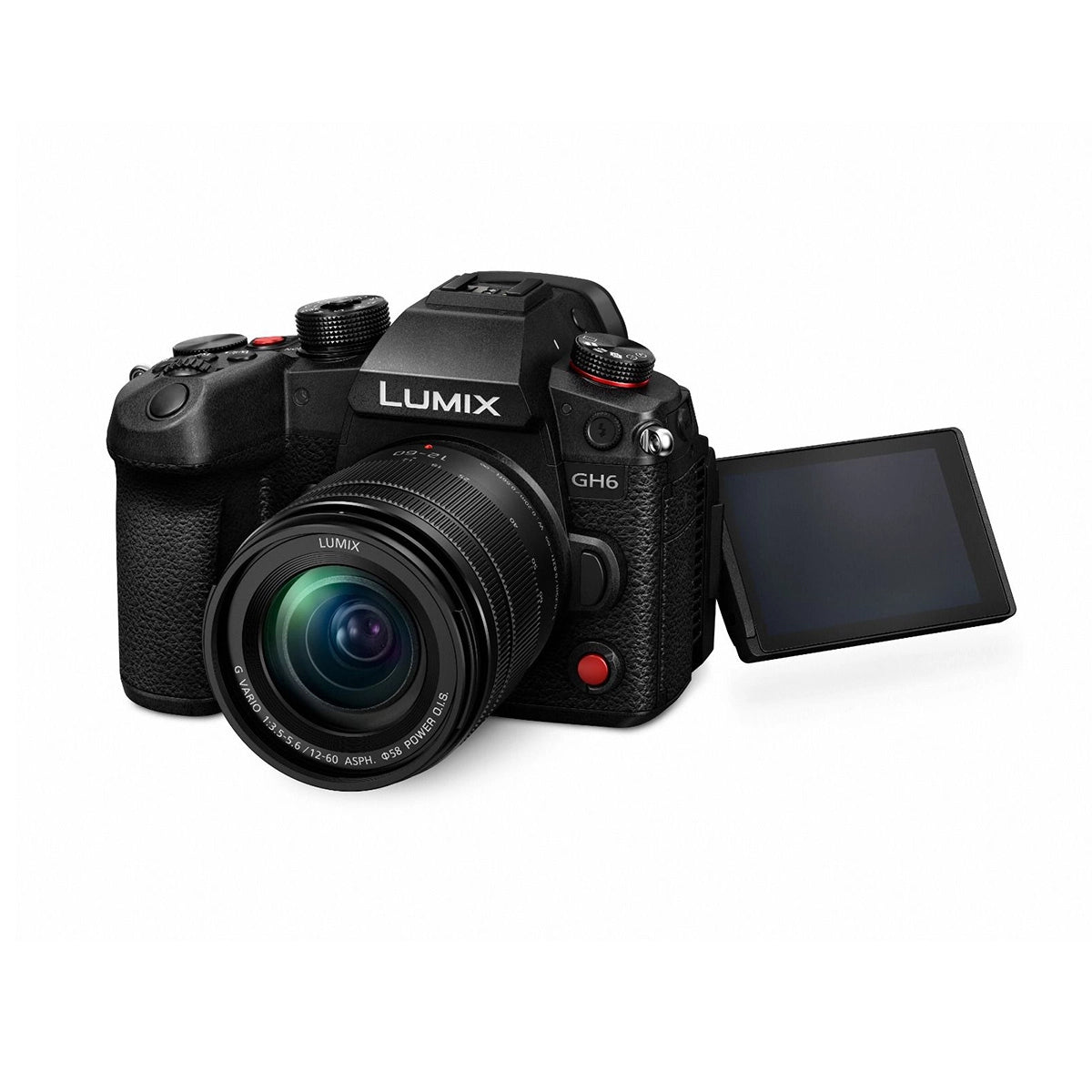 Panasonic Lumix GH6 Camera with 12-60mm f3.5-5.6 Lens Kit front angle with screen rotated