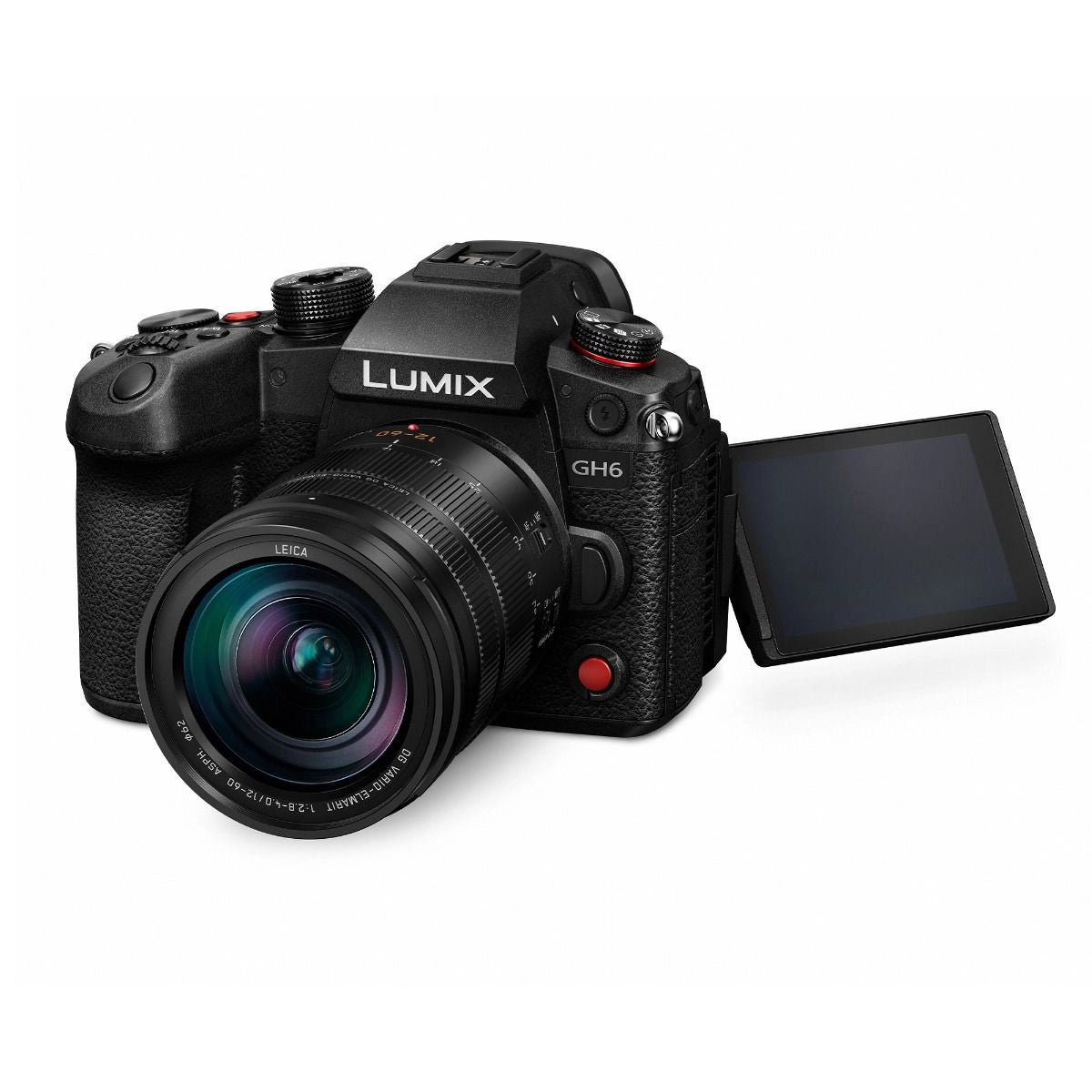 Panasonic Lumix GH6 Camera with Leica 12-60mm f2.8-f4 Lens Kit front angle with screen rotated