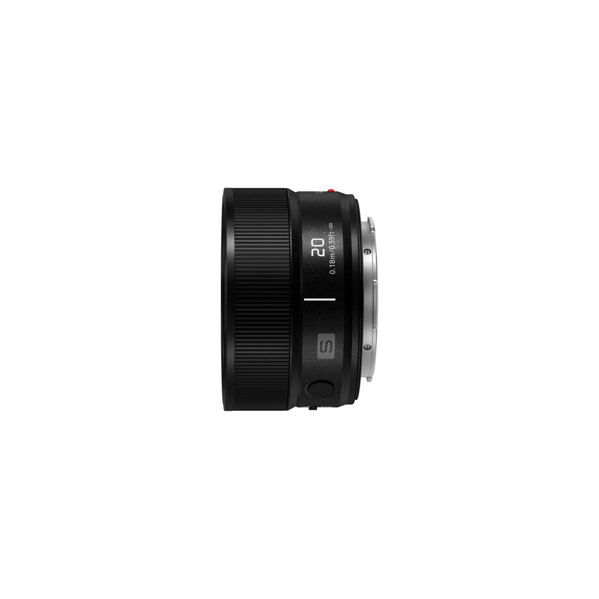 Lumix 20mm f/2.5 lens shown from the side on a solid white background.
