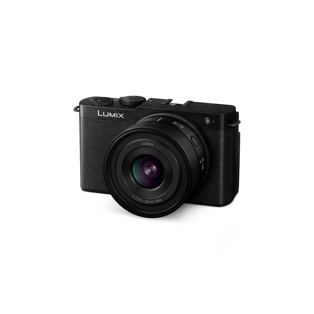 Panasonic Lumix mirrorless camera with a black lens, shown from a three-quarters angle on a clean white background.