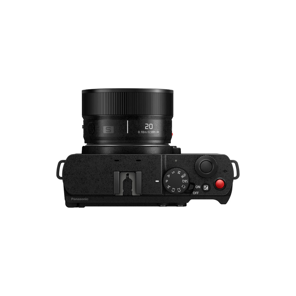 Panasonic Lumix S 20mm f/2.5 lens camera body shown from the top, featuring a black textured body with a red button and control dials, set against a plain white background.