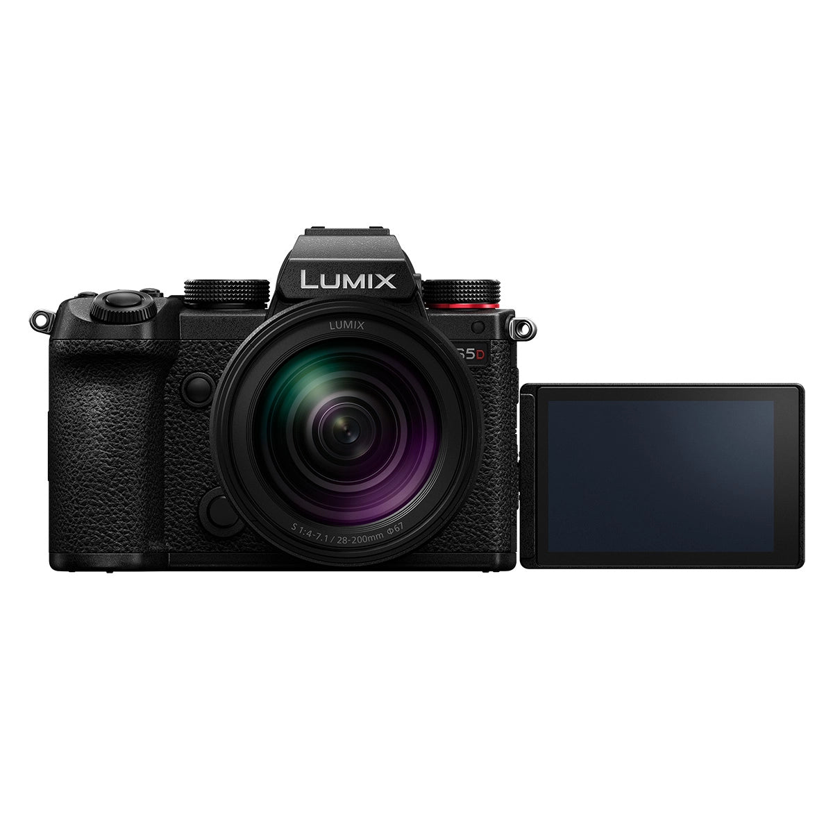 Panasonic Lumix S5D with Lumix S 28-200mm Lens front angle with screen rotated