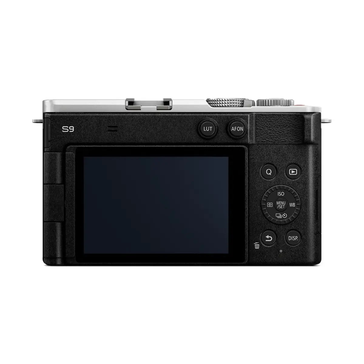 Black camera with display screen and control buttons on a white background