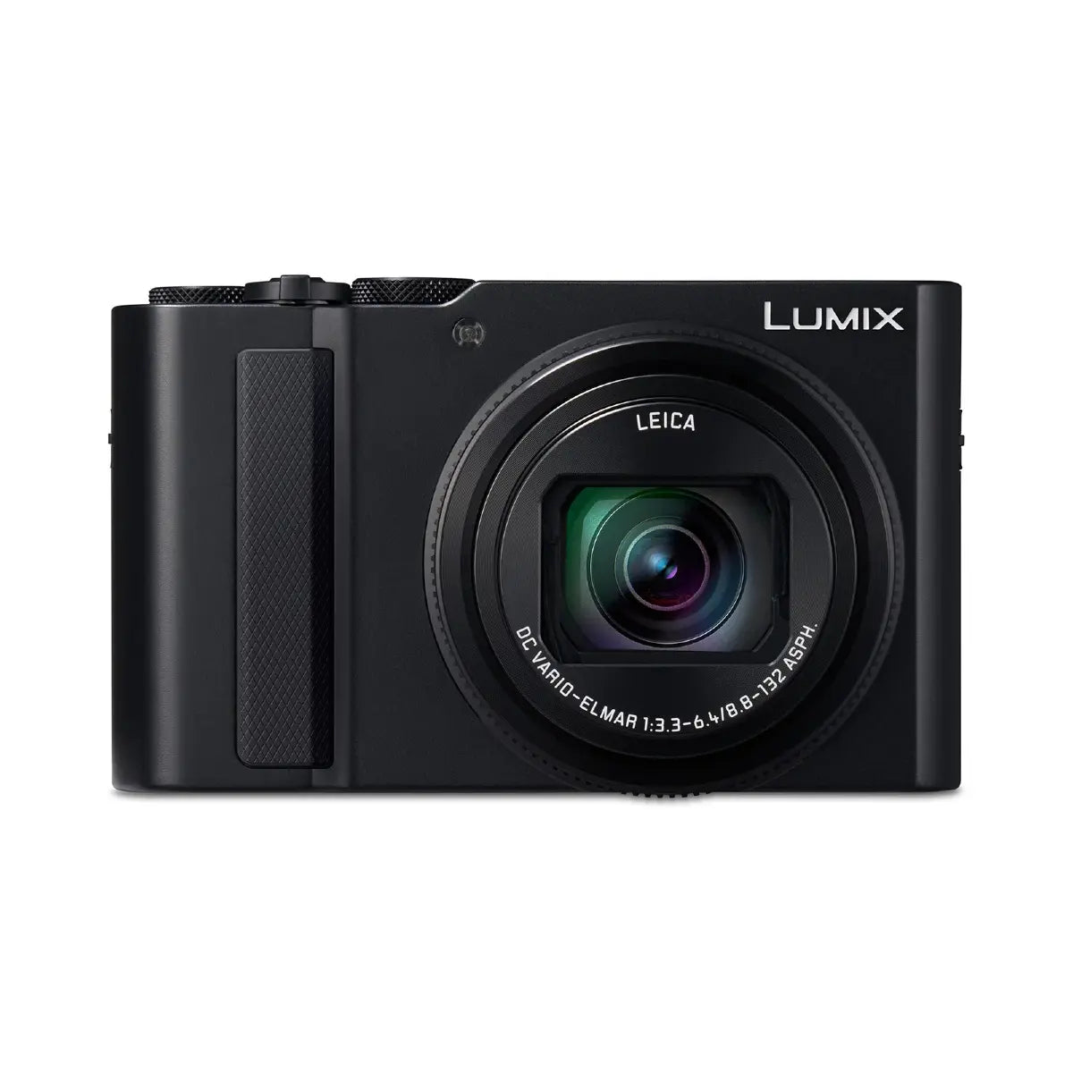 Black Panasonic Lumix camera on a white background