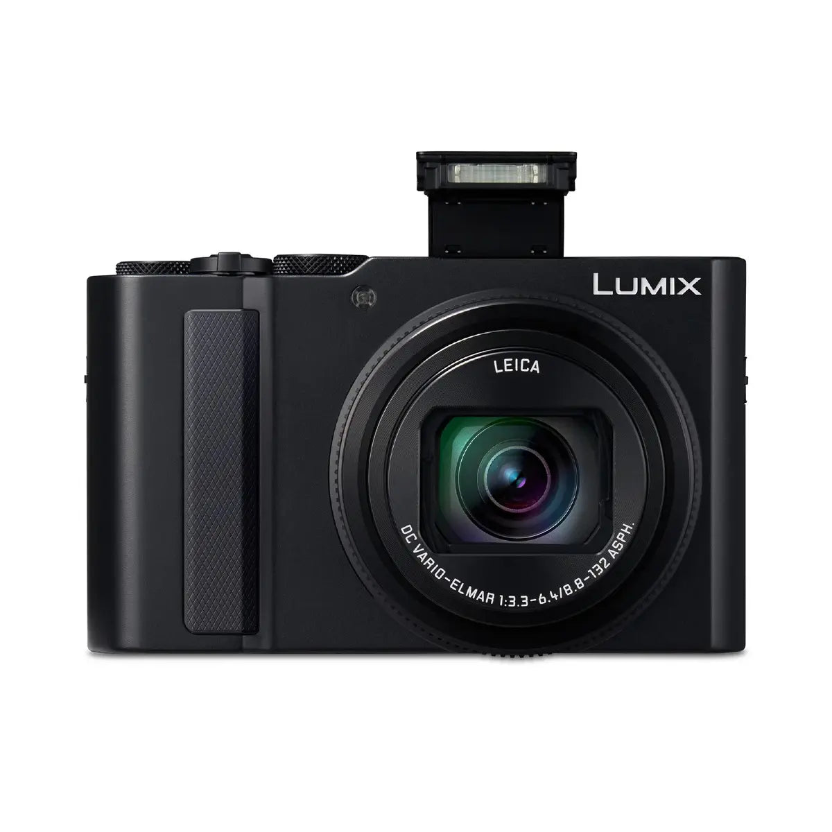 Black Panasonic Lumix camera with Leica logo on a white background
