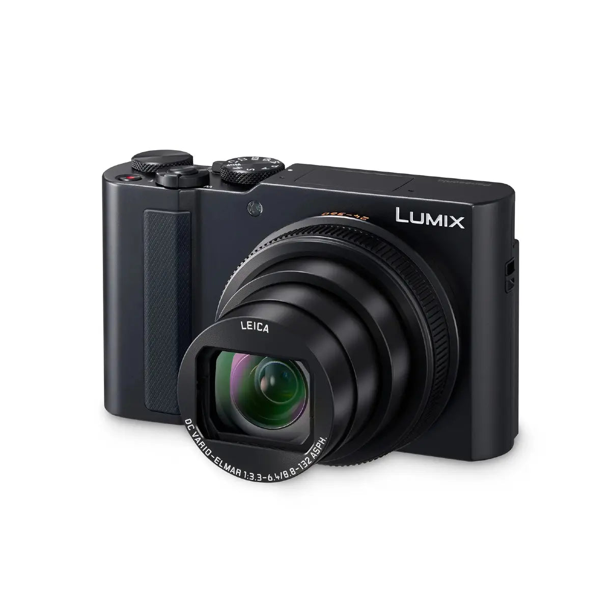 Black Panasonic Lumix camera with Leica lens on a white background
