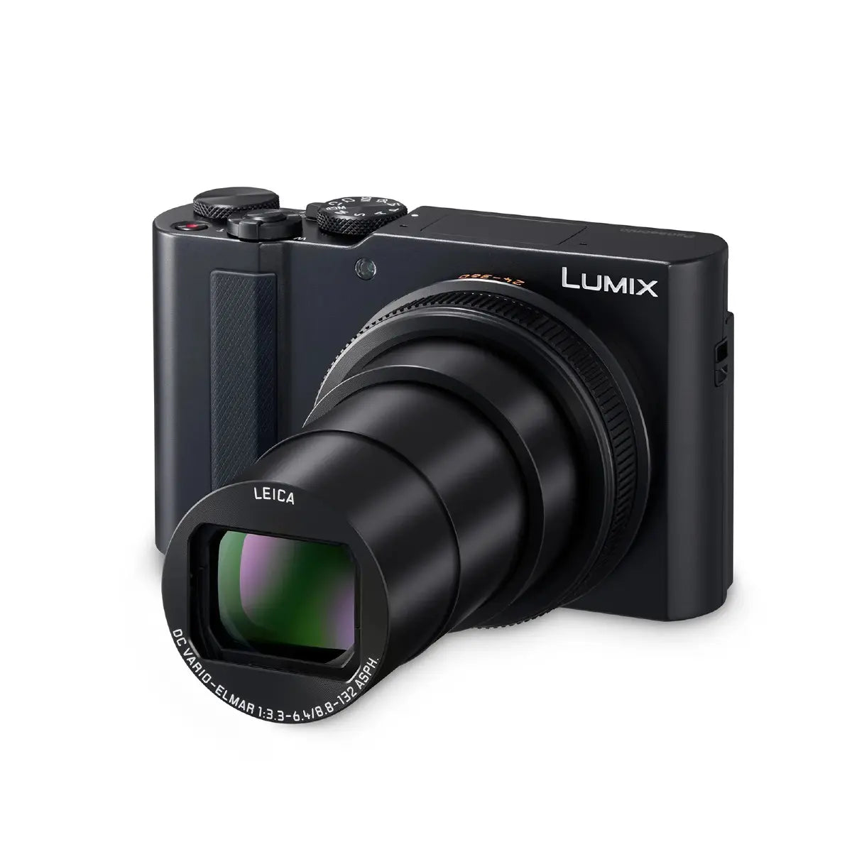 Black Panasonic Lumix camera with Leica lens on a white background