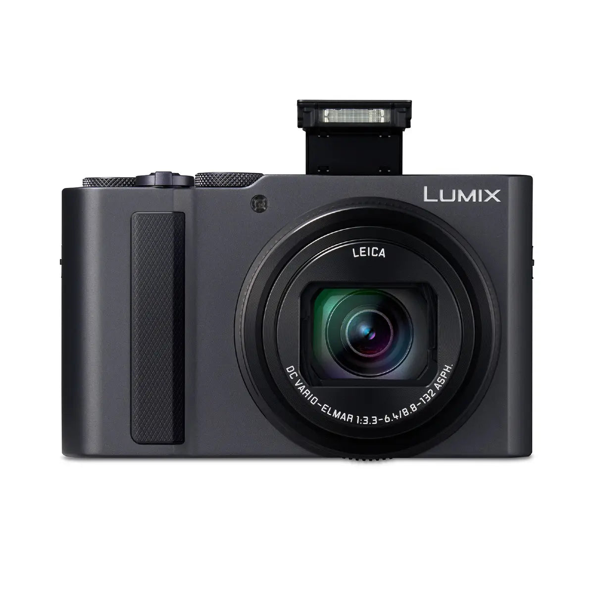 Black Panasonic Lumix camera with Leica lens on a white background