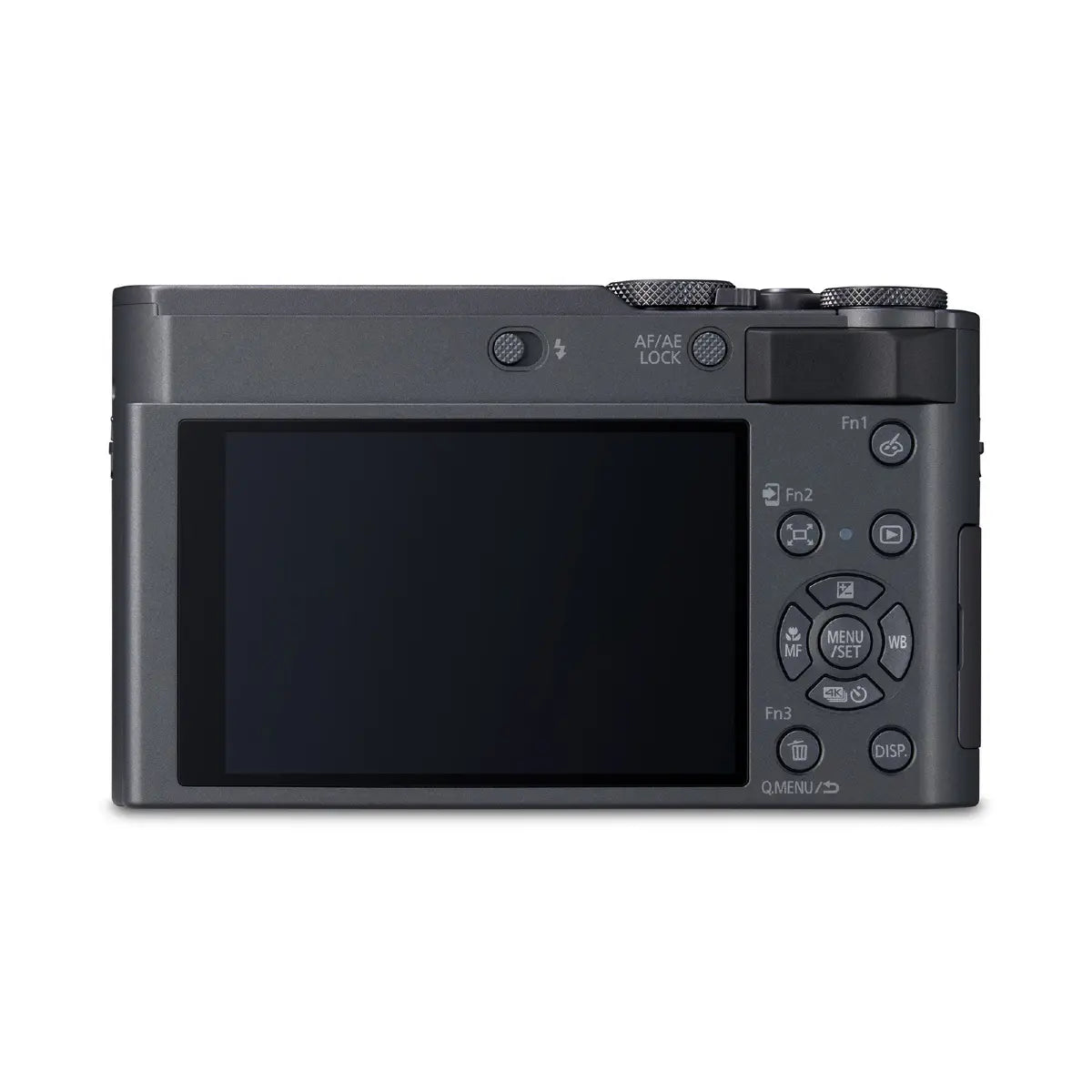 Back view of a black digital camera on a white background