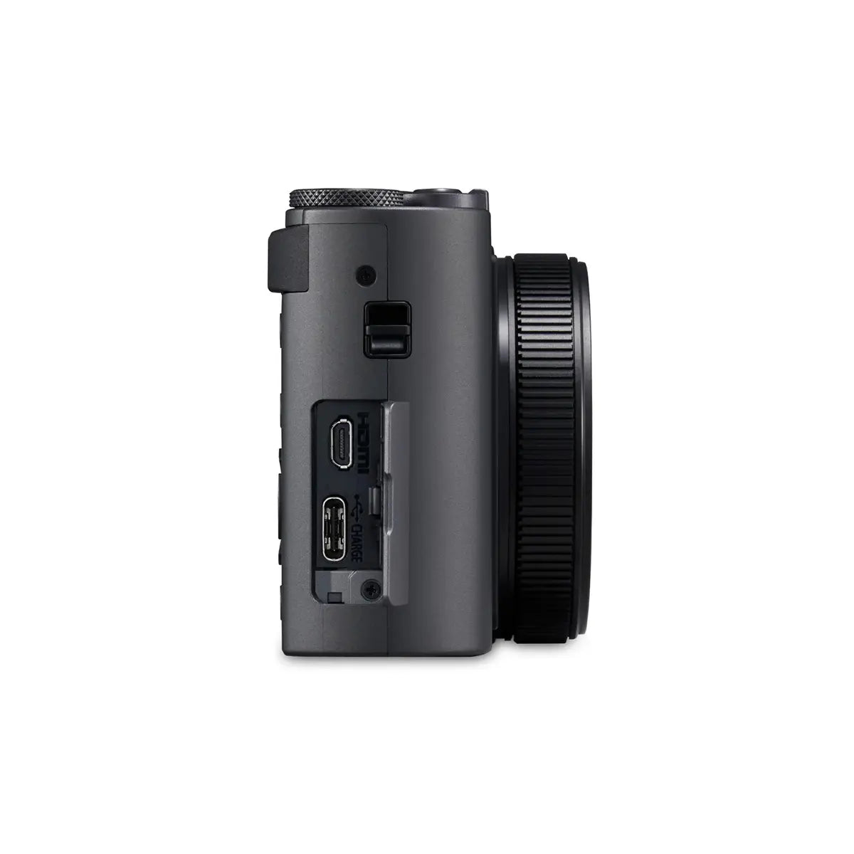 Side view of a black camera on a white background