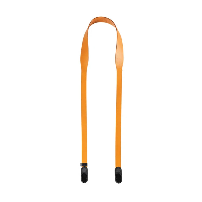 Bright orange leather camera straps with black plastic tips, shown vertically on a plain white background.