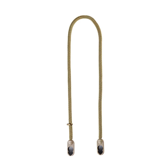 A long gold-toned braided rope strap with two clips, displayed on a solid white background.